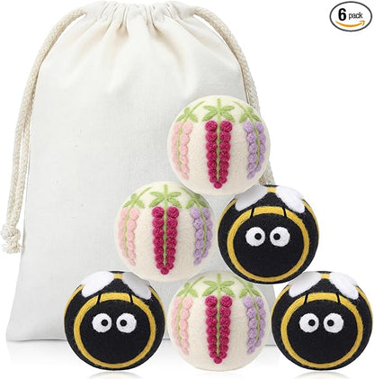 Soulchen 6 Pack Reusable Wool Dryer Balls with Cute Design, Laundry Accessories for Efficient Drying Soften Laundry Reduce Wrinkles Static Pet Hair Remover (Bee Flower)