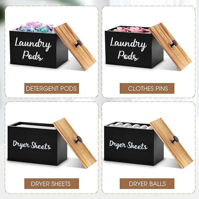 Dandat 2 Pcs Wood Rustic Laundry Dryer Sheet Holder Pod Container with Lid 8.7 x 6.3 x 6.4 Inch Laundry Pod Holder 7.3 x 3.7 x 5 Inch Dryer Sheet Dispenser Wooden Box Container(Black)