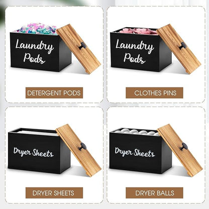 Dandat 2 Pcs Wood Rustic Laundry Dryer Sheet Holder Pod Container with Lid 8.7 x 6.3 x 6.4 Inch Laundry Pod Holder 7.3 x 3.7 x 5 Inch Dryer Sheet Dispenser Wooden Box Container(Black)