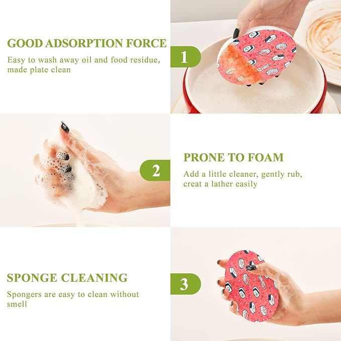 Sushi Kitchen Scrub Sponges, Pop-up Kitchen Cleaning Sponges Reusable Dish Washing Sponges for Bathroom Household Cleaning 3 Pack - Non Scratch Scrubber