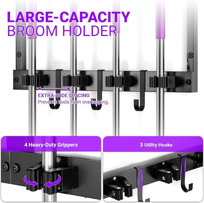Heavy Duty Broom Holder Wall Mount with Cleaning Supplies Organizer, Space-Saving Laundry Room Organization and Storage Shelves, All-Metal Mop Hanger Broom Rack with Hooks, Garage Organizer Shelf