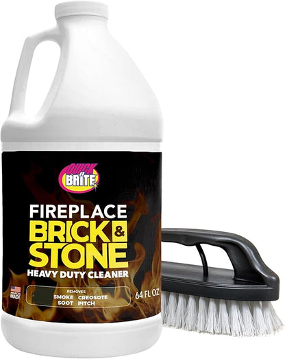 Quick 'n Brite Fireplace Brick and Stone Cleaner 64oz - Natural Stone, Tile, and Marble Cleaner with Scrub Brush - Indoor Fireplace and Wood Stove Cleaning Kit - Pellet Stove Creosote Remover
