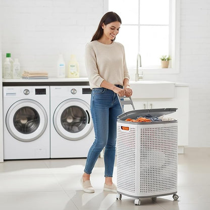 Sufdari 90L Laundry Basket with Wheels, Rolling Laundry Hamper with Lid and Handles, Plastic Rattan Clothes Organizer, Dirty Clothes Basket for Laundry Room, Bedroom, Dormitory Storage