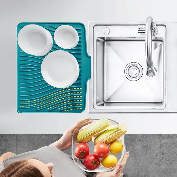 TIKNIK Silicone Dish Drying Mat, Stone Drying Mat for Kitchen Counter with Built-In Drain, Non-Slip Drain Pad with Built-in Drain, Heat Resistant Stone Drying Mat, Hangable, Green-1pcs, 16" x 12"