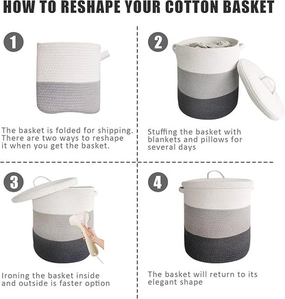 Large Storage Basket with Lid 60L, 16"Wx18"H Woven Laundry Basket with Lid Cotton Laundry Basket, Wicker Basket Blankets Pillows Storage in Living Room Baby Nursery, Dark Gray/Gray/White Mix with Lid