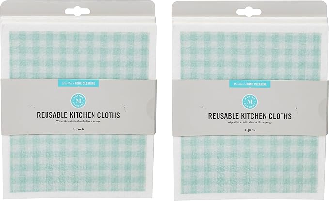 Martha Stewart Swedish Kitchen Absorbent Sponge Dish Cloths, Teal Gingham, 8 Count