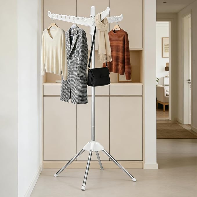 Rotatable and Foldable Clothes Drying Rack 59 Inch Laundry Drying Tree with 27 Hanging Holes, Space-Saving 4-Legged Free Standing Hanger Stand for Indoor, Balcony and Laundry Room
