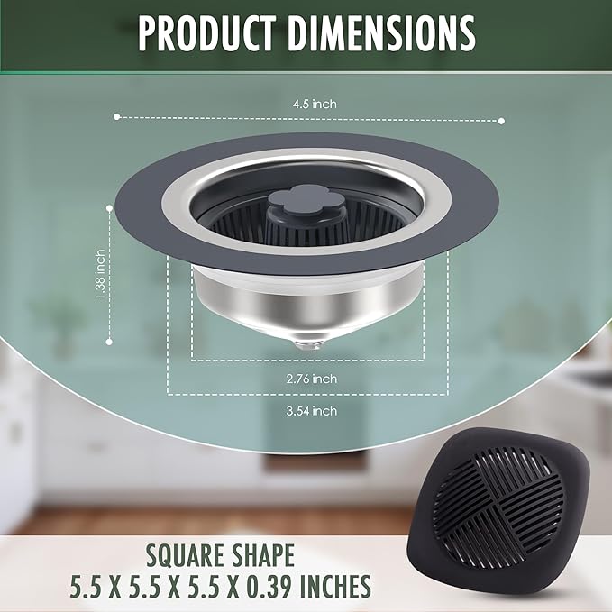 2-Piece Sink Strainers for Kitchen Sink Food Catcher - 3 in 1 Stainless Steel and Silicone Hair Drain Strainer Basket Stopper for Bathroom - Anti-Clogging Sink for US Standard 3-1/2 Inch Drains
