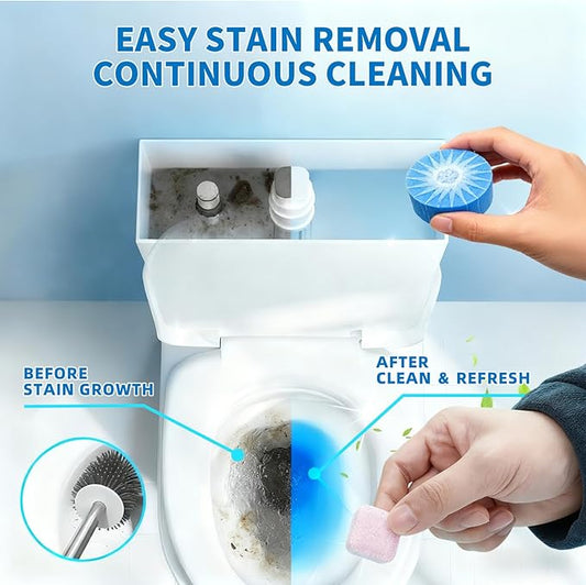 2-in-1 Toilet Cleaning Tablets (48 Pack) - 16 Effervescent Toilet Bowl Stain Remover and 32 Blue Toilet Tank Cleaner Tablets - Limescale Removal for Septic System
