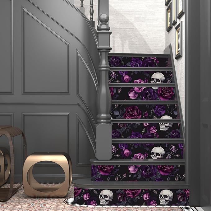 Fvlow Black Floral Wallpaper Peel and Stick 17.4" x 118" Gothic Floral Vintage Sugar Skull Contact Paper Removable Self Adhesive Waterproof Covering for Cabinet Drawers Home Decor