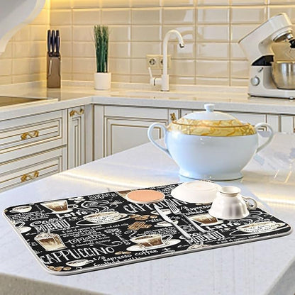 Coffee Black Dish Drying Mat for Kitchen Coffee Beans Maker Cappuccino Latte Chocolate Microfiber Drying Mats Absorbent Reversible Dish Pad Large Dish Draining Mat 18x24 inch