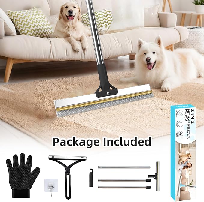 Carpet Rake for Pet Hair Removal - Upgraded 2-in-1 Carpet Broom with Copper Scraper & TPU Brush, 54’’ Adjustable Long Handle Reusable Cat Dog Hair Remover Tool for Deep Cleaning Rugs, Mats (Black)