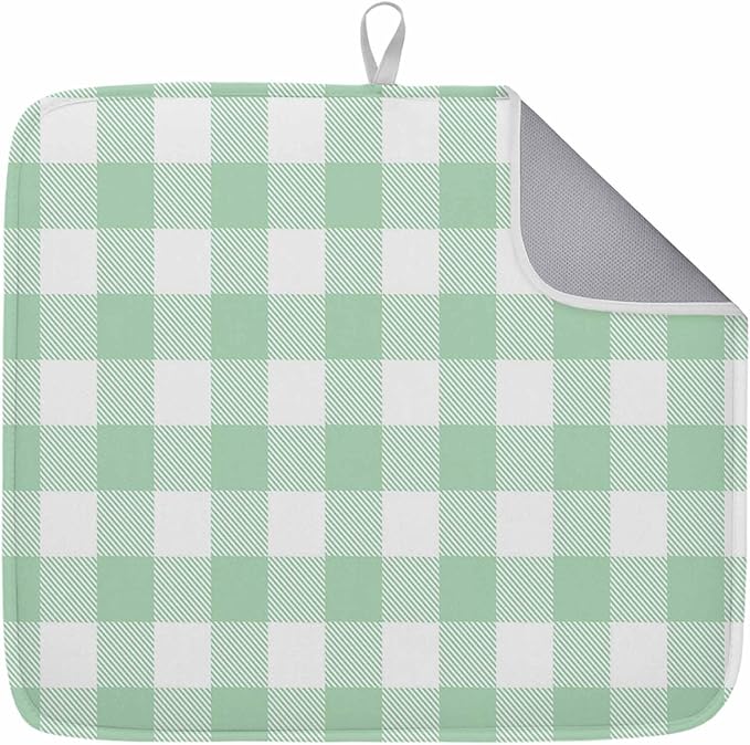Dish Drying Mat Light Green Buffalo Check Plaid Drying Mats for Kitchen Counter Farmhouse Style Absorbent Microfiber Dish Drainer Quick Drying Coffee Mat with Hanging Loop, 16 x18 inch