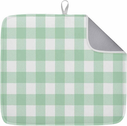 Dish Drying Mat Light Green Buffalo Check Plaid Drying Mats for Kitchen Counter Farmhouse Style Absorbent Microfiber Dish Drainer Quick Drying Coffee Mat with Hanging Loop, 18 x24 inch