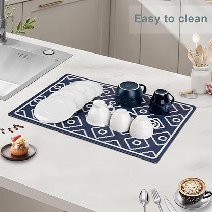 SUEH DESIGN Dish Drying Mat, Absorbent Coffee Mat 23.6 x 15.7 in Quick Dry Drying Mats Large Coffee Mat for Coffee Bar Kitchen Countertop, Dark Blue