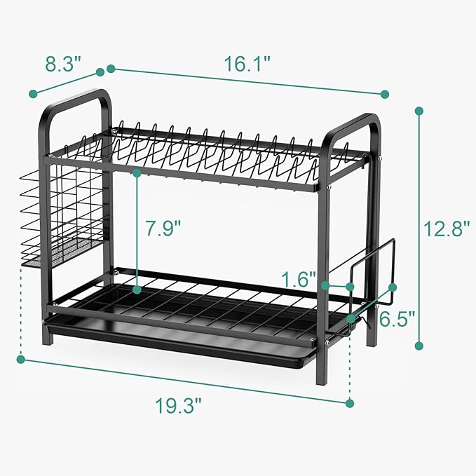 GSlife Dish Drying Rack, 2 Tier Rust-Resistant Dish Rack with Drainboard Compact Dish Drainer with Utensil Holder, Cutting Board Holder for Kitchen Counter, Black