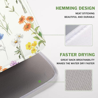 Spring Floral Dish Drying Mat for Kitchen Counter 16 x 18 Inch Colorful Flowers Dish Drainer Mat Absorbent Microfiber Dish Rack Pad for Summer Holiday Coffee Dining Bar Decor