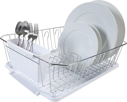 Kitchen Details 3 Piece Dish Rack | Drying Rack, Cutlery Basket & Drainboard Tray | Countertop | Self Draining | Open Wire Design | Chrome | White