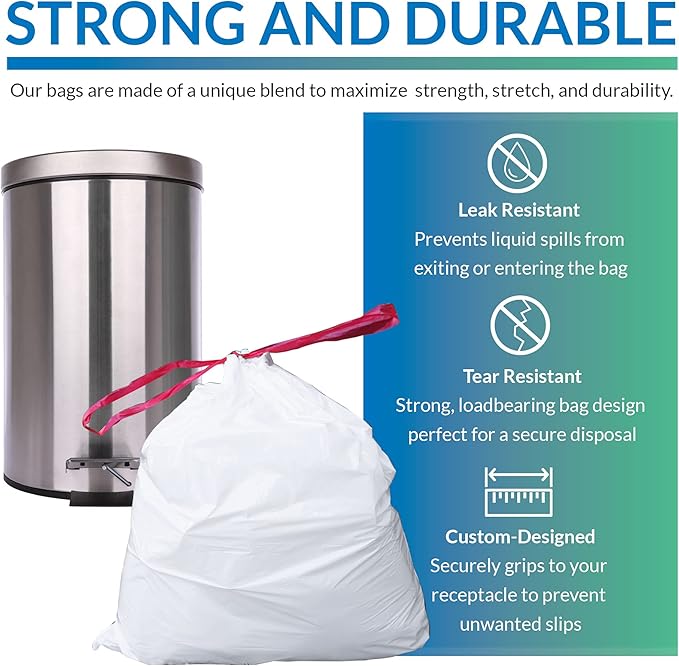 6-10 Gallon Trash Bags Drawstring | 250 Count | 22"x23" | 6, 8, 10 Gallon Drawstring Garbage Bags | White Trash Can Liners | Small - Medium