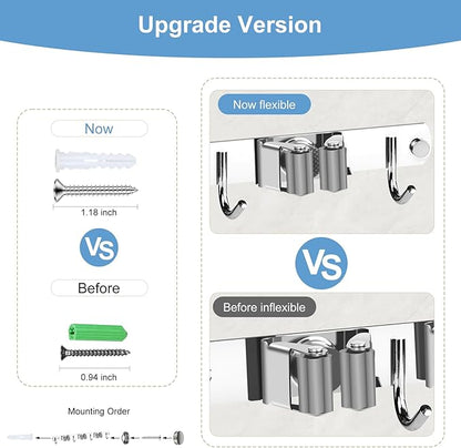 Mop and Broom Holder Wall Mounted, 3 Racks and 4 Hooks Broom, Upgraded Stainless Steel Broom Holder Self Adhesive, Broom Organizer, Tools Organizer for Home Kitchen bathroom Garden balcony