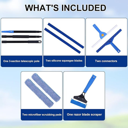 3-in-1 Professional Window Squeegee Kit with 2 Squeegee, 2 Microfiber Scrubber, 1 Razor Scraper, Thick Iron, 48.8" Window Squeegee with Extension Pole for Car, Glass, Mirror, Wall, Bathroom, Home, Van