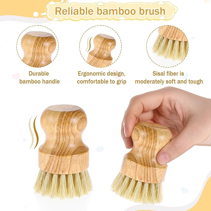 10 Packs Bamboo Dish Scrub Brushes Natural Dish Scrubber with Sisal Bristle Kitchen Dishwashing Cleaning Brush for Kitchen Cleaning Dishes, Pots, Pans, Bottles, Vegetables