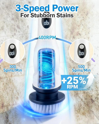 Electric Spin Scrubber, 3-Speed Cordless Shower Scrubber with 90° Adjustable & 10 Replaceable Brush Heads, 90 Mins Runtime & Full-Body IPX7 Waterproof Shower Cleaner Brush with Long Handle