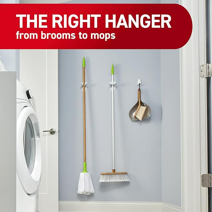 Command Broom Grippers, 3 Hangers and 6 Strips, Damage-Free Mop and Broom Holder Wall Mount, Household Cleaning Tool Organizer for Kitchen, Laundry Room, Closet, Holds up to 4 lb