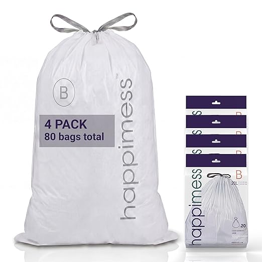 happimess 5.3 Gallon (20L) Drawstring Trash Bags, Unscented, Clear, Heavy Duty LDPE Liners for Kitchen and Household, Custom Fit, 80 Count (4 Packs of 20 Liners) HPM3000B-C-4SET