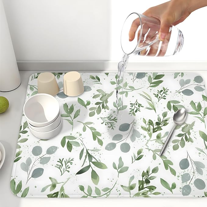 Spring Summer Sage Green Leaves Dish Drying Mat 18 x 24 Inch Spring Eucalyptus Leaf Dish Drainer Rack Mat Absorbent Microfiber for Holiday Kitchen Coffee Dining Bar Decor