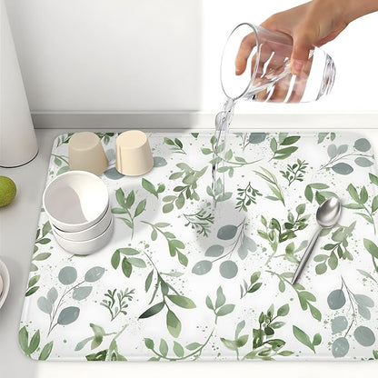 Spring Summer Sage Green Leaves Dish Drying Mat 18 x 24 Inch Spring Eucalyptus Leaf Dish Drainer Rack Mat Absorbent Microfiber for Holiday Kitchen Coffee Dining Bar Decor
