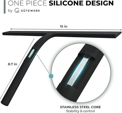 GÜTEWERK Silicone Shower Squeegee for Glass Doors & Mirrors with Stainless Steel Core, Streak-Free & No-Squeak Window Cleaning, 3-in-1 No-Drill Mount (Hook/Suction/Adhesive),Black, 15 Inches