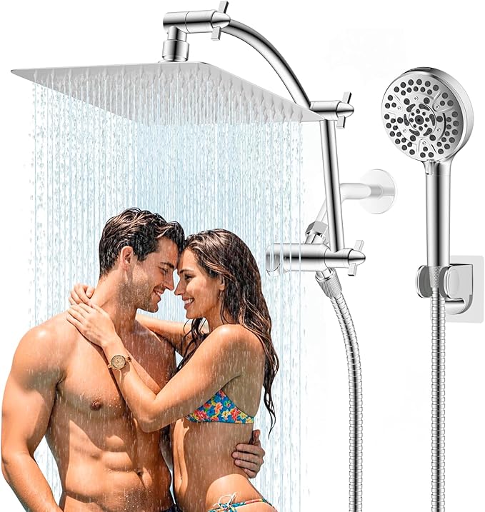 Hibbent All Metal cUPC Certified Shower Head, 10'' High Pressure Rainfall Shower Head, Handheld Showerhead Combo with 16'' Adjustable Extension Arm, 10 Sprays, 71'' Hose, Showerhead Holder, Chrome