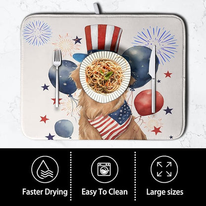 4th of July Patriotic Dog Dish Drying Mat 18 x 24 Inch US Independence Day Blue White Red Kitchen Drying Mat Firework Holiday Dish Drainer Mats Super Absorbent Dish Rack Pad for Kitchen Counter