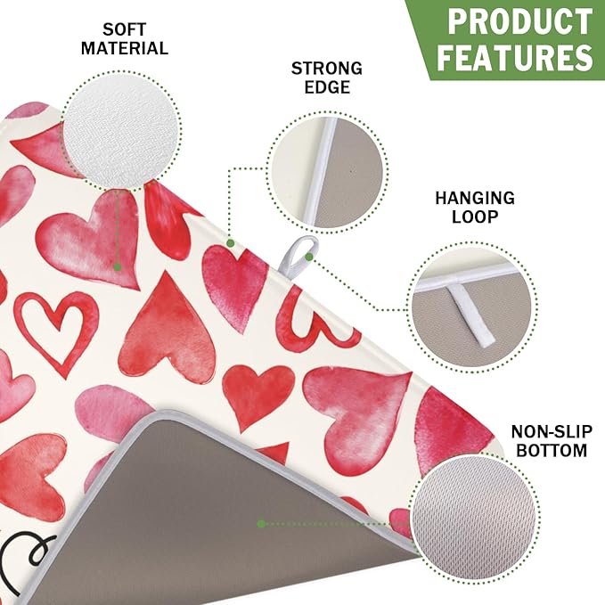 Valentine's Day Dish Drying Mat 16 x 18 Inch Heart Shaped Dish Drying Pad Absorbent Microfiber Mats for Red and Pink Dish Rack Pad for Kitchen Counter Coffee Bar Decor