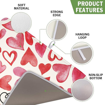Valentine's Day Dish Drying Mat 16 x 18 Inch Heart Shaped Dish Drying Pad Absorbent Microfiber Mats for Red and Pink Dish Rack Pad for Kitchen Counter Coffee Bar Decor