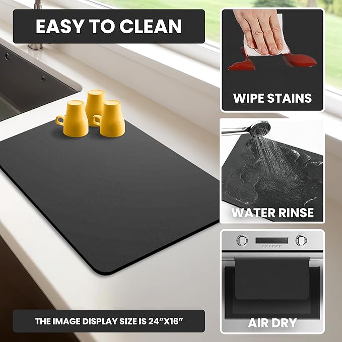 Dish Drying Mat Super Absorbent – 24" x 16" Coffee Mat for Countertops – Non-Slip Drying Mat for Kitchen Counter – Easy to Clean Water Absorbent Mat – Large Dish Drying Mats (Black)