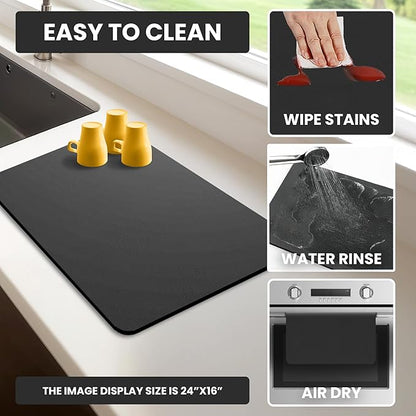 Dish Drying Mat Super Absorbent – 24" x 16" Coffee Mat for Countertops – Non-Slip Drying Mat for Kitchen Counter – Easy to Clean Water Absorbent Mat – Large Dish Drying Mats (Black)