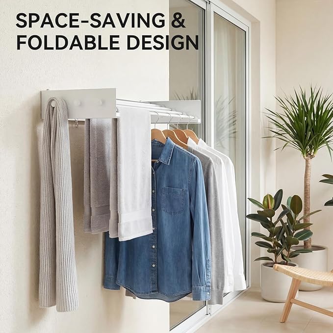 Extra Wide 42.52" Laundry Drying Rack Wall Mount - Retractable Clothes Drying Rack with 6 Hooks & 6 Knobs, Heavy Duty 60LBS Metal Airer, Large Foldable Wall Hanger for Indoor