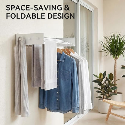 Extra Wide 42.52" Laundry Drying Rack Wall Mount - Retractable Clothes Drying Rack with 6 Hooks & 6 Knobs, Heavy Duty 60LBS Metal Airer, Large Foldable Wall Hanger for Indoor