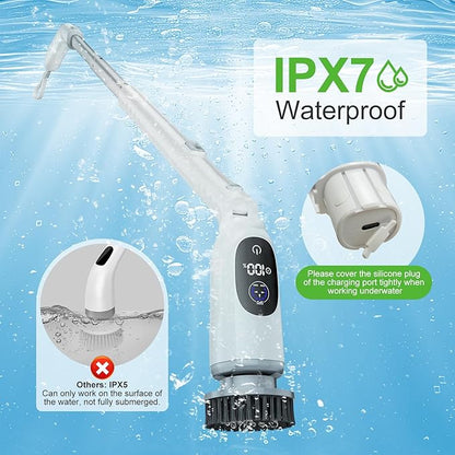 Electric Spin Scrubber, Cordless Cleaning Brush, 3H Work Time, Bathroom Scrubber with LED Display, 3-Speed Extendable Handle, IPX7 Waterproof, 8 Brush Heads for Shower, Tile, Tub, Floor, Toilet, Grout