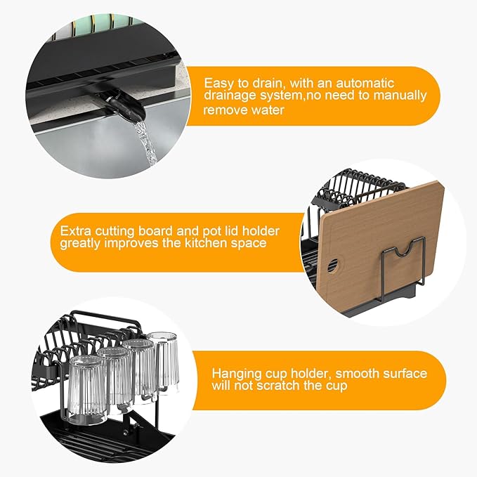 Large Dish Drying Rack 2 Tier for Kitchen Counter, Anti-Rust Metal Dish Rack with Lock & Lift System & Retractable Auto-Drain Spout, Escurridor de Platos with Cutting Board and Utensil Holder