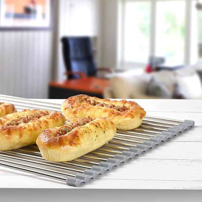 Hhyn Roll-Up Sink Drying Rack 17.7"(L) x 13.8"(W) - Multipurpose Heat Resistant Over The Stainless Steel & Silicone Dish Rollable Kitchen Drainer, Gray