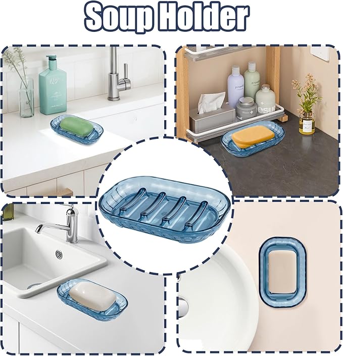 2 Pack Bar Soap Dish Holder, Plastic Clear Waterfall Soap Tray Dryer, Self Draining Soaps Saver for Shower, Kitchen Sink, Bathroom Restaurant Counter, Hotel (Blue)