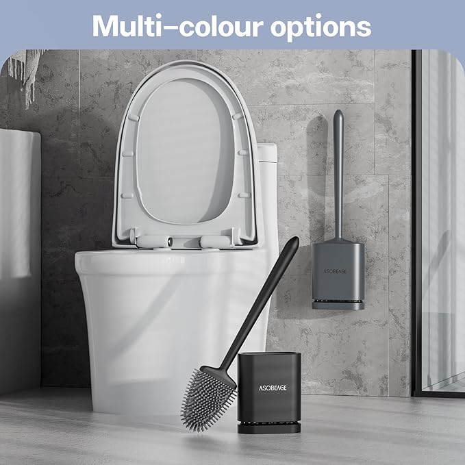 ASOBEAGE Deep Cleaner Toilet Brush: Silicone Toilet Brush with No-Slip Long Plastic Handle and Flexible Bristles, Quick Drying Holder Set for Bathroom（Black）