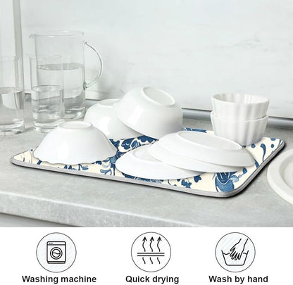 Absorbent Dishes Drainer Mat for Countertop Small Size 16 x 18, Microfiber Blue White Pattern Dish Drying Pads Kitchen Counter Draining Pad
