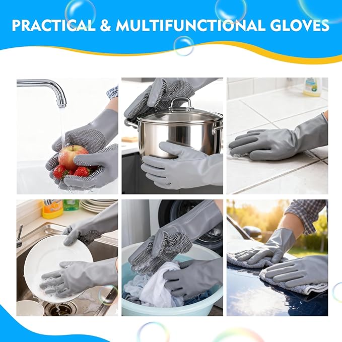 Reusable Cleaning Silicone Gloves with Scrubber Bristles for Dishwashing, Dog Pet Grooming & Car Wash (13.6" Large)