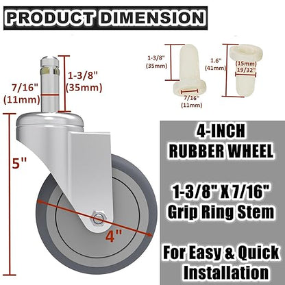 4-Inch Swivel Stem Caster, 7/16-Inch Stem Diameter Rubber Wheel, Heavy Duty TPR Replacement Wheels for Rubbermaid Mop Bucket Cart Grill Casters - 4 Pack