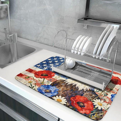 4th of July American Flag Eagle Dish Drying Mat for Kitchen Counter 18x24 Patriotic Floral Memorial Day Absorbent Reversible Microfiber Drying Mats Kitchen Countertop Protector Dishes Drainer Pad