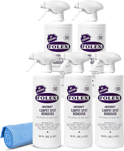 FOLEX Instant Carpet Spot Remover 32 oz – Powerful Stain Remover for Carpets, Upholstery & Rugs – Eliminates Pet Stains, Grease, Red Wine, Food, Makeup & More – With Reusable Cleaning Cloth – 5 Pack